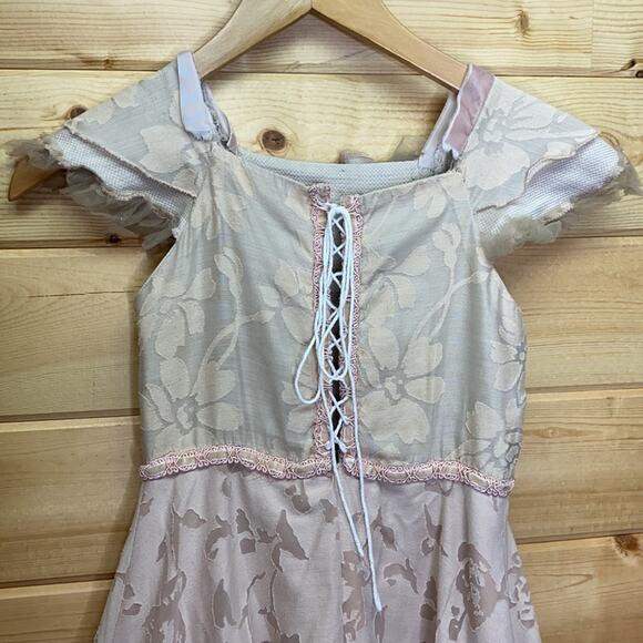 Handmade Prairie Renaissance Peasant Floral Ruffle Lace Tie Back Girls Dress 5/6 - Picture 5 of 9